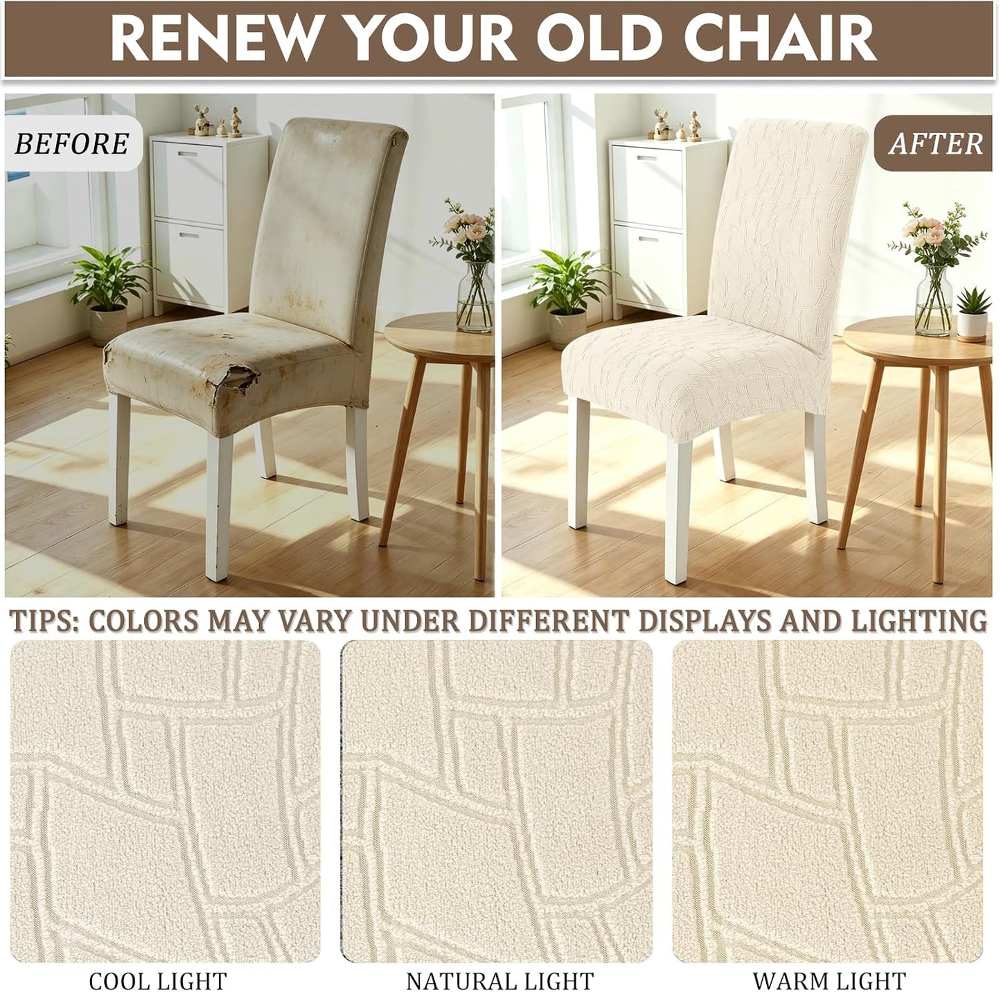 ZNSAYOTX 100% Waterproof Dining Chair Covers Set of 4, Stretch Fit Parson Chair Slipcovers for Kitchen/Living Room/Restaurant/Banquet Chairs, Soft Plaid Jacquard Washable Protector (Beige)