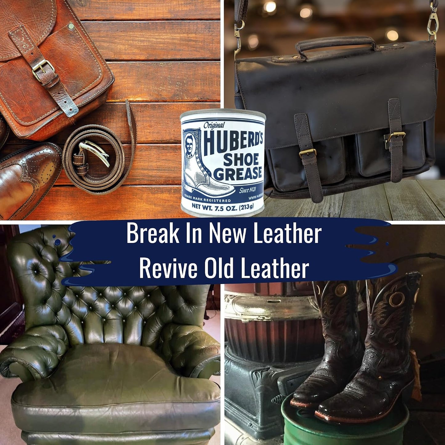 Huberd's Shoe Grease – Leather Conditioner & Waterproofer Since 1921 | 7.5 oz can. Beeswax & pine tar formula. Waterproofs, conditions & softens boots, shoes, saddles, bags, and leather gear.