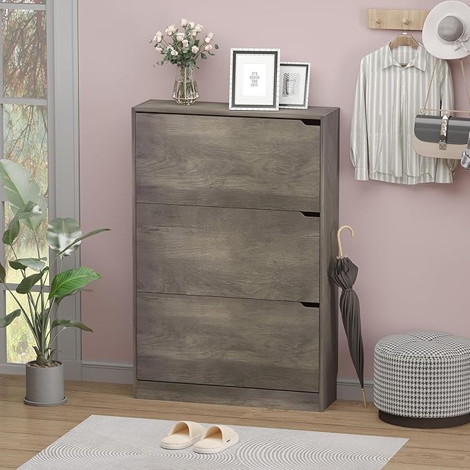 Shoe Cabinet with 3 Flip Drawers, Hidden Wood Shoe Cabinet, Freestanding Shoe - Image 3