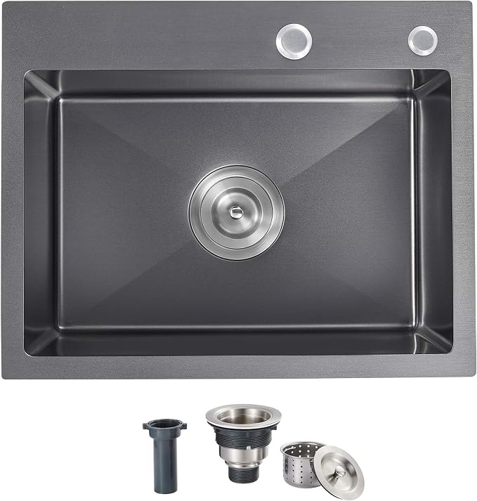 25x18x9 Inch Drop in Kitchen Sink, Handmade 304 Black Stainless Steel Single by OUGOO