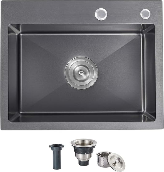 25x18x9 Inch Drop in Kitchen Sink, Handmade 304 Black Stainless Steel Single by OUGOO