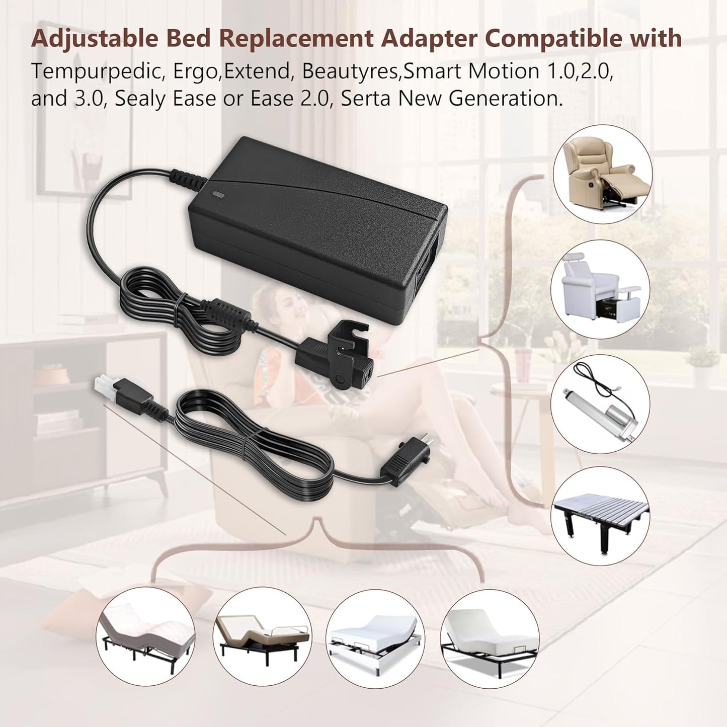 Adjustable Bed Parts Replacement Switching Power Supply, 29v Adjustable Bed Base Recliner Power Supply Compatible for Ergo, Extend, Sealy Ease, Electric Bed Replacement Parts, 13.7 FT Cord