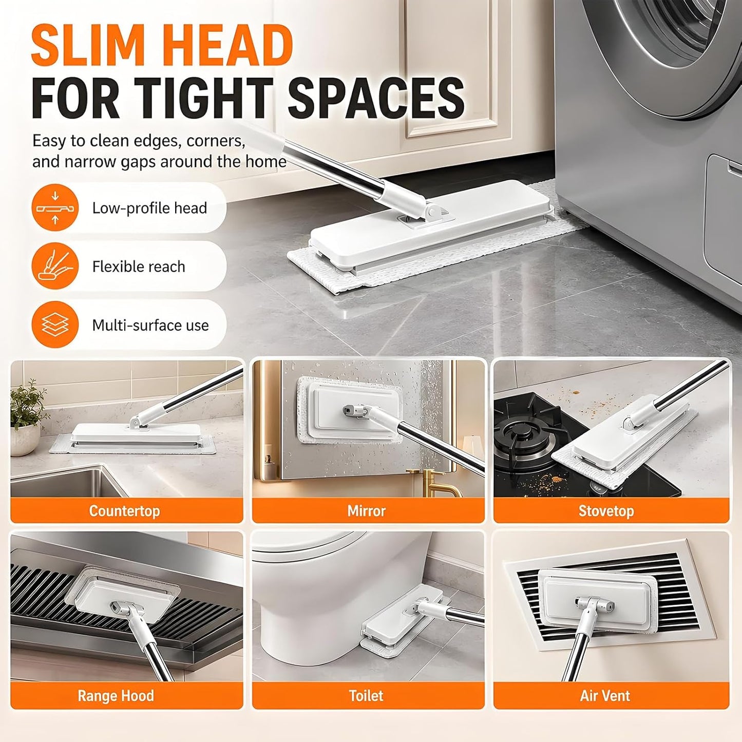 2026 New Hands Free Multi Purpose Flat Mop, Hands Free Flat Mop One Click, Shark Tooth Grip for Any Cloth, Zero Touch Dirty Cloth Release, Long 43.4" Handle with Glass Scraper