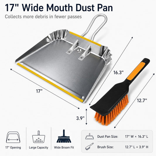 17" Heavy Duty Metal Dust Pan with Brush Set, Large Wide Mouth Dustpan with Stiff Bristle Cleaning Brush for Garage, Yard, Fireplace Ash, Wood Stove, Workshop and Outdoor Cleanup, Silver