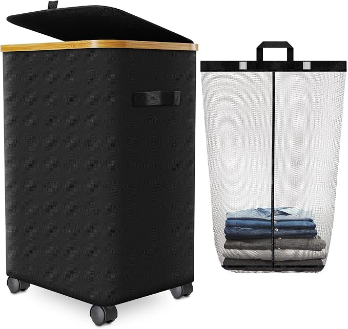 Laundry Hamper with Wheels, 20 Gal Laundry Basket with lid Rolling Clothes by Wuevu