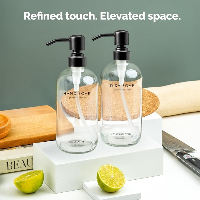 Vine Creations Clear Glass Soap Dispenser Set, Dish Soap and Hand Soap - Image 6