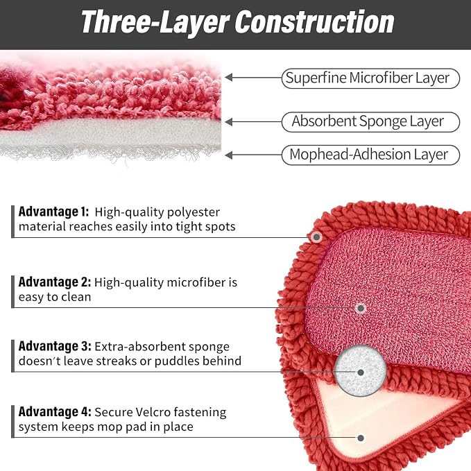 16.5 inch Mop Refills, 3 Pack Microfiber Reusable Replacement Mop Pads Flat - Image 6