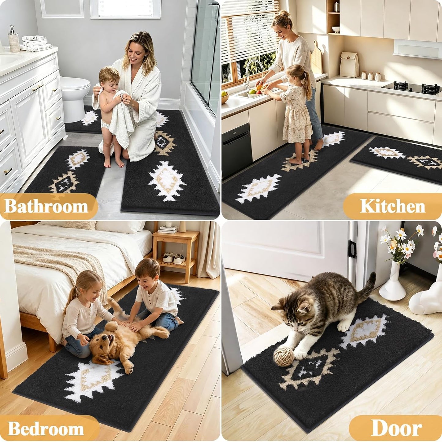 HEBE Boho Bathroom Rugs Set 3 Piece, Non Slip Washable Bath Mat Set, Ultra Absorbent Microfiber Bathroom Mats with U-Shaped Contour Toilet Rug, Tribal Bath Carpet Set for Tub, Shower