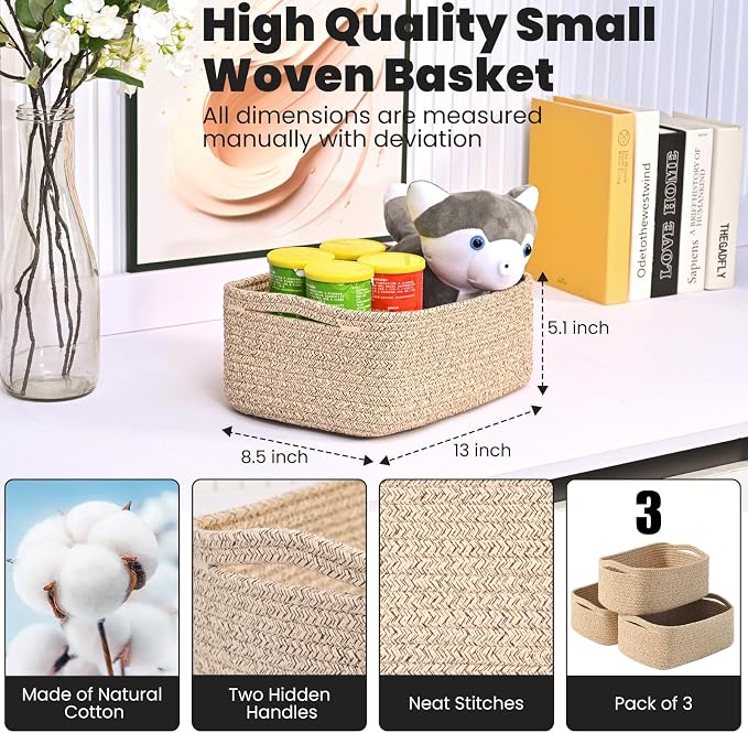 Small Baskets for Organizing, Woven Storage Baskets for Shelves, Small Rope - Image 3