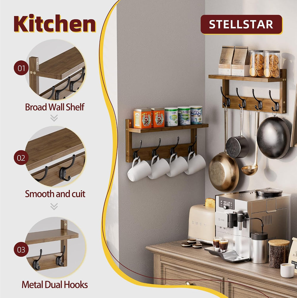 STELLSTAR Coat Rack with Shelf Wall Mount, Entryway Bamboo Hanging Shelf, Set...
