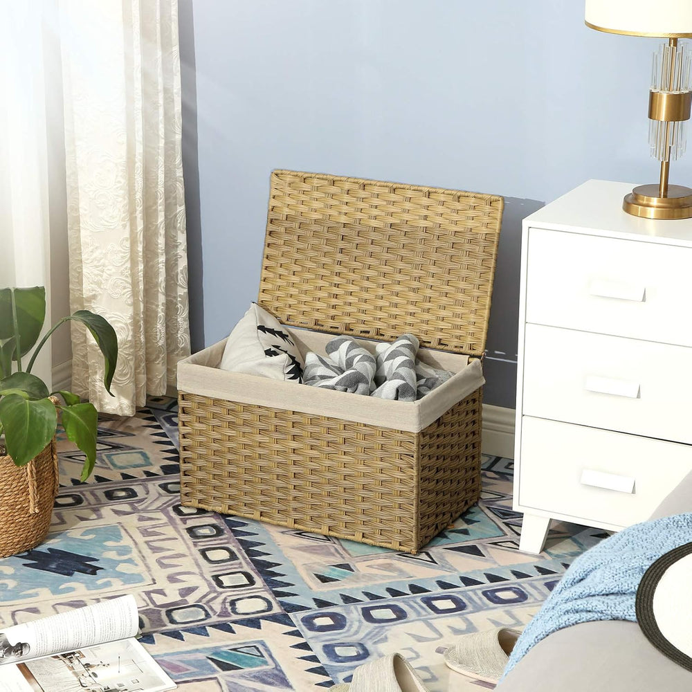 SONGMICS Woven Storage Basket with Lid, 17.2 Gallon (65L), Foldable