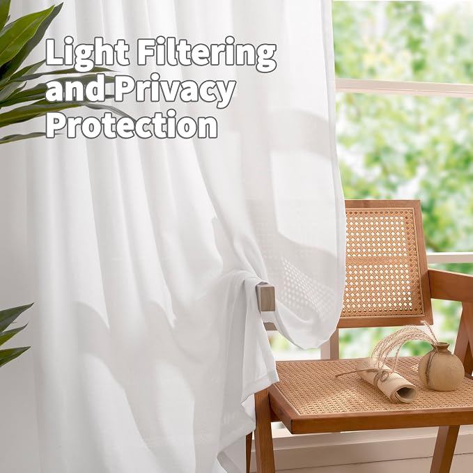 YoungsTex White Linen Semi Sheer Curtains 108 Inch Length 2 Panels, Light - Image 3
