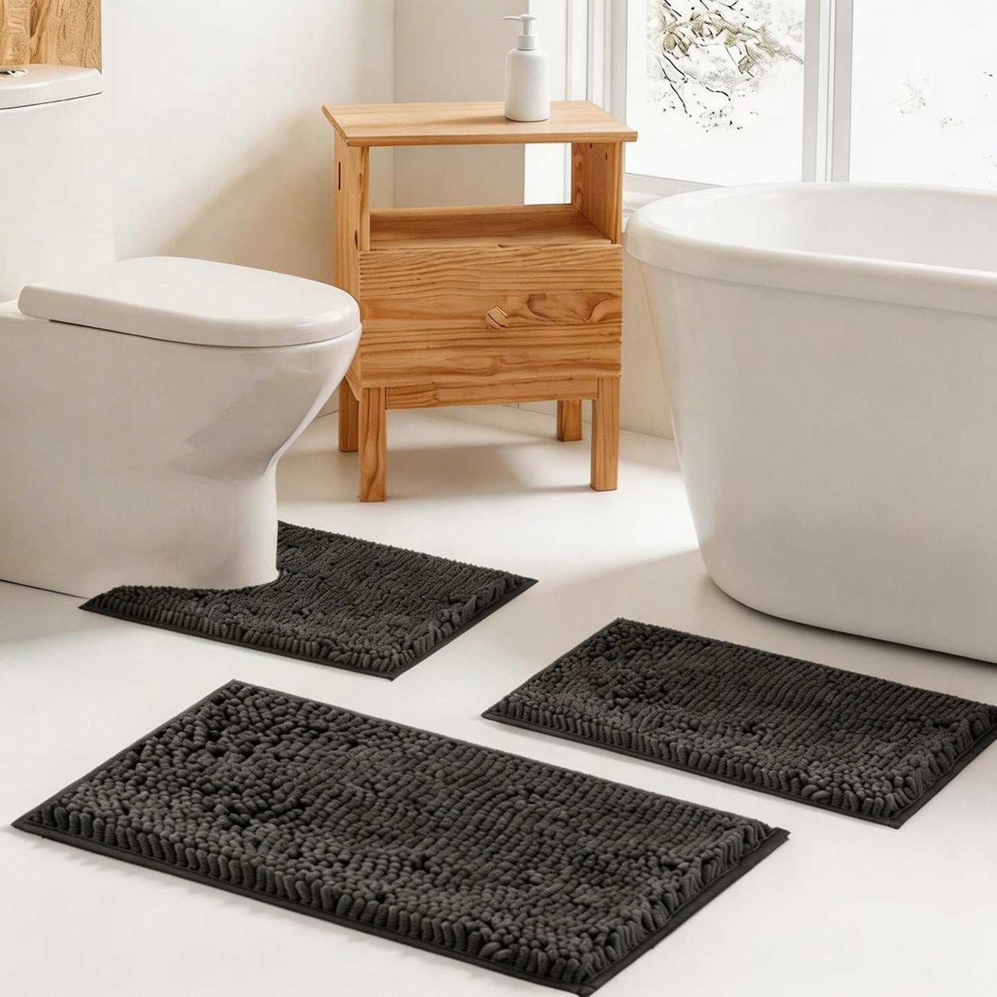 Bathroom Rugs Set Non Slip 3 Piece Bath Mat Washable Chenille Bath Rugs with PVC Backing Bath Carpet,Absorbent Bathroom Mats with Toilet Rug,Bath Mats for Bathroom,Bedroom, Kitchen,Tub,Home Decor