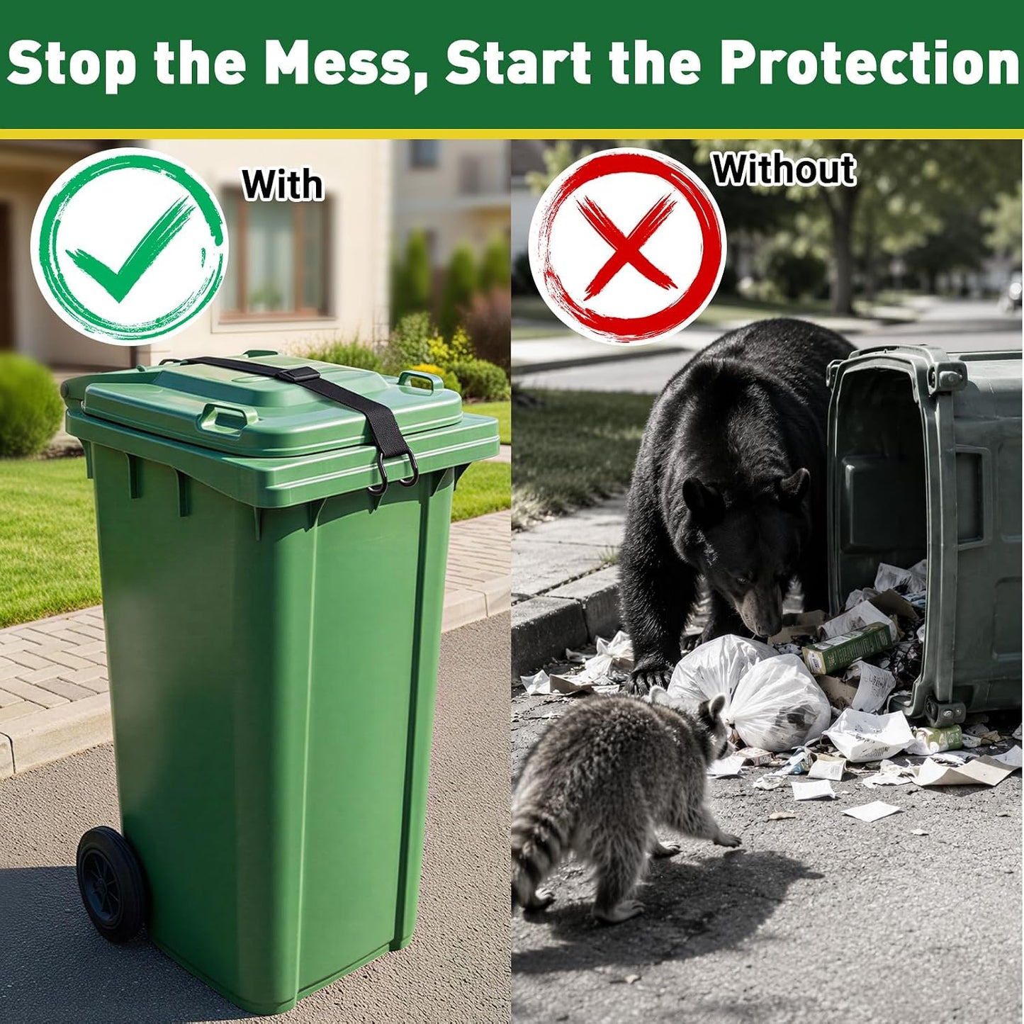 ANKS Heavy Duty Bear & Raccoon Proof Trash Can Lock - Metal Hook | Windproof, 20-35" Adjustable Strap, Fits 28-96 Gal Bins, tool-free, Non-slip double claw design,Black.