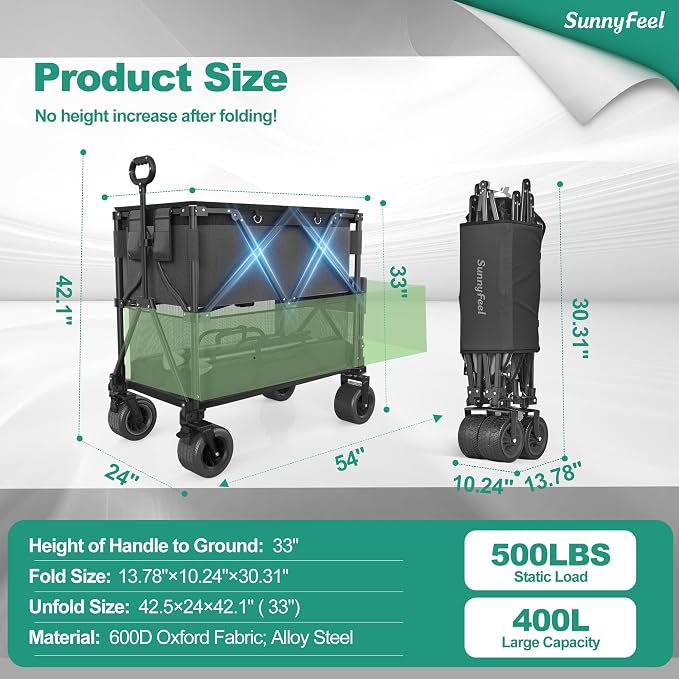 SUNNYFEEL Double Decker Wagon, Collapsible Outdoor Utility Wagon Cart 500LB - Image 2