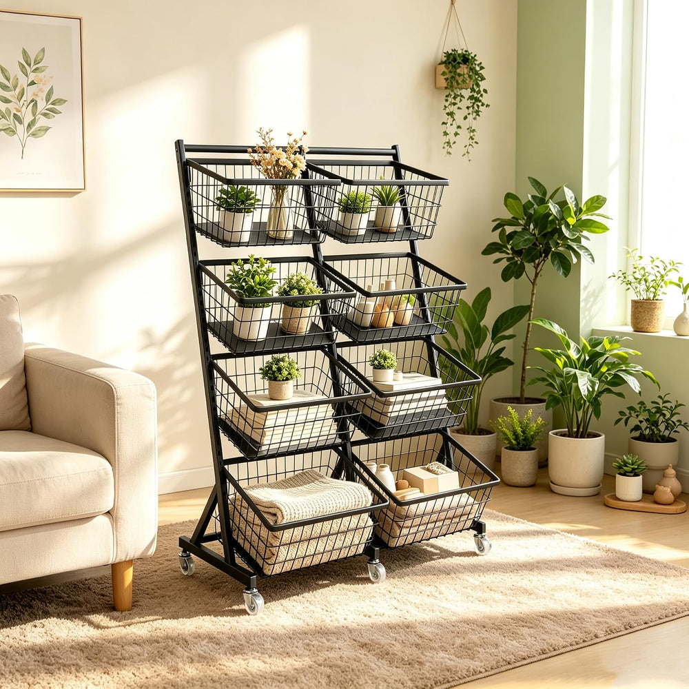 Rolling Store Snack Display Rack with Wheels, Mesh Storage Cart(Black)
