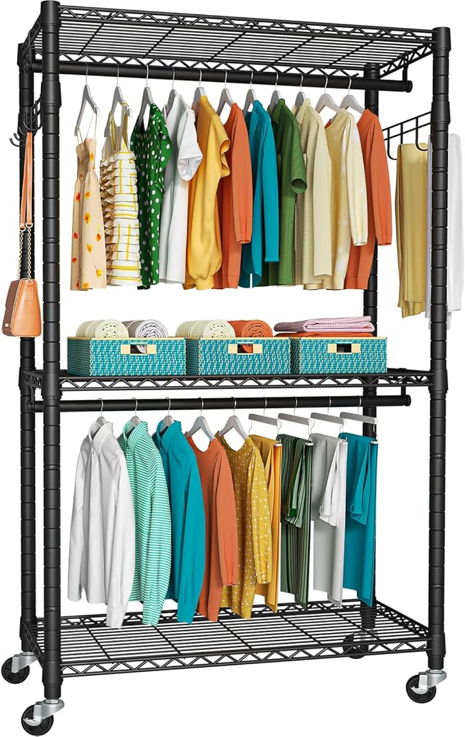 FUTASSI P1 Heavy Duty Garment Rack, 3 Tiers Adjustable Rolling Metal Closet by FUTASSI