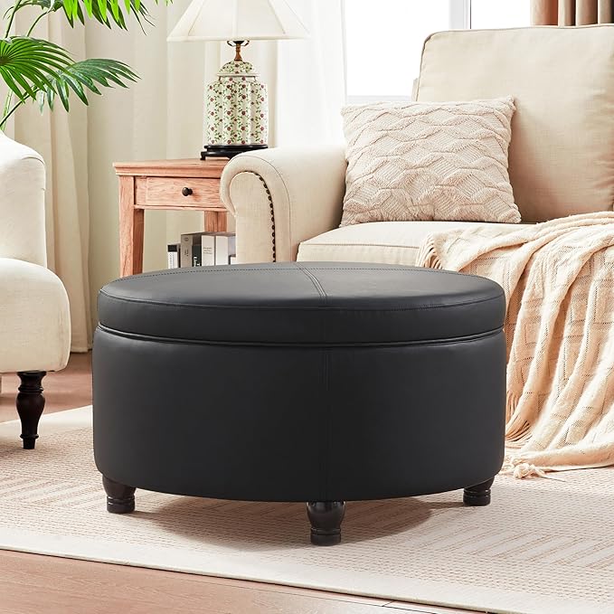 30-Inch Round Storage Ottoman, Modern Ottoman Coffee Table by Unknown