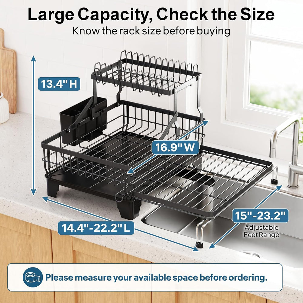 GSlife Large 2 Tier Dish Drying Rack - Expandable Over Sink & Counter Use