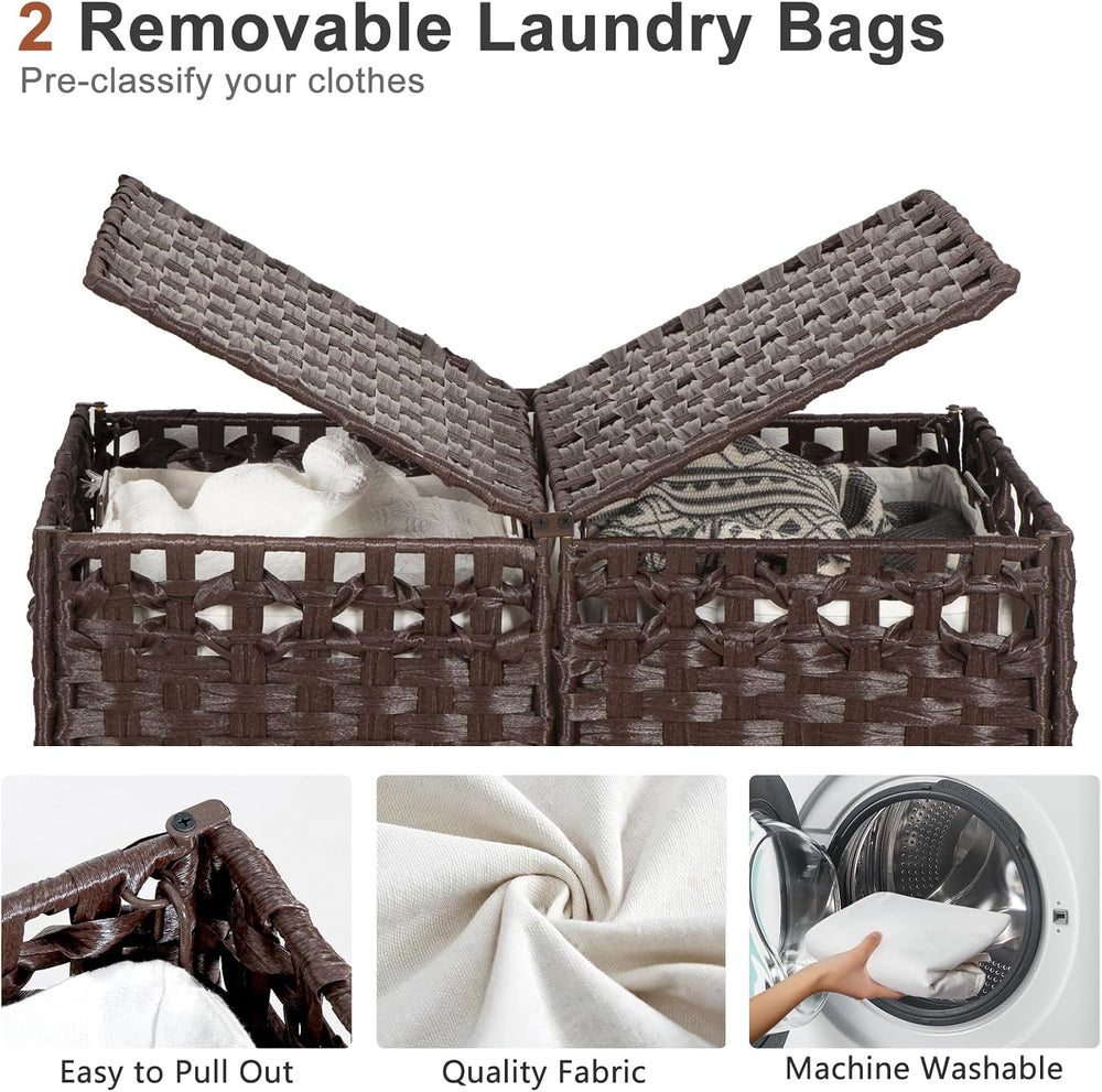 170L Foldable Laundry Hamper with Lid - Handwoven Rattan Storage Basket, 2-Se...