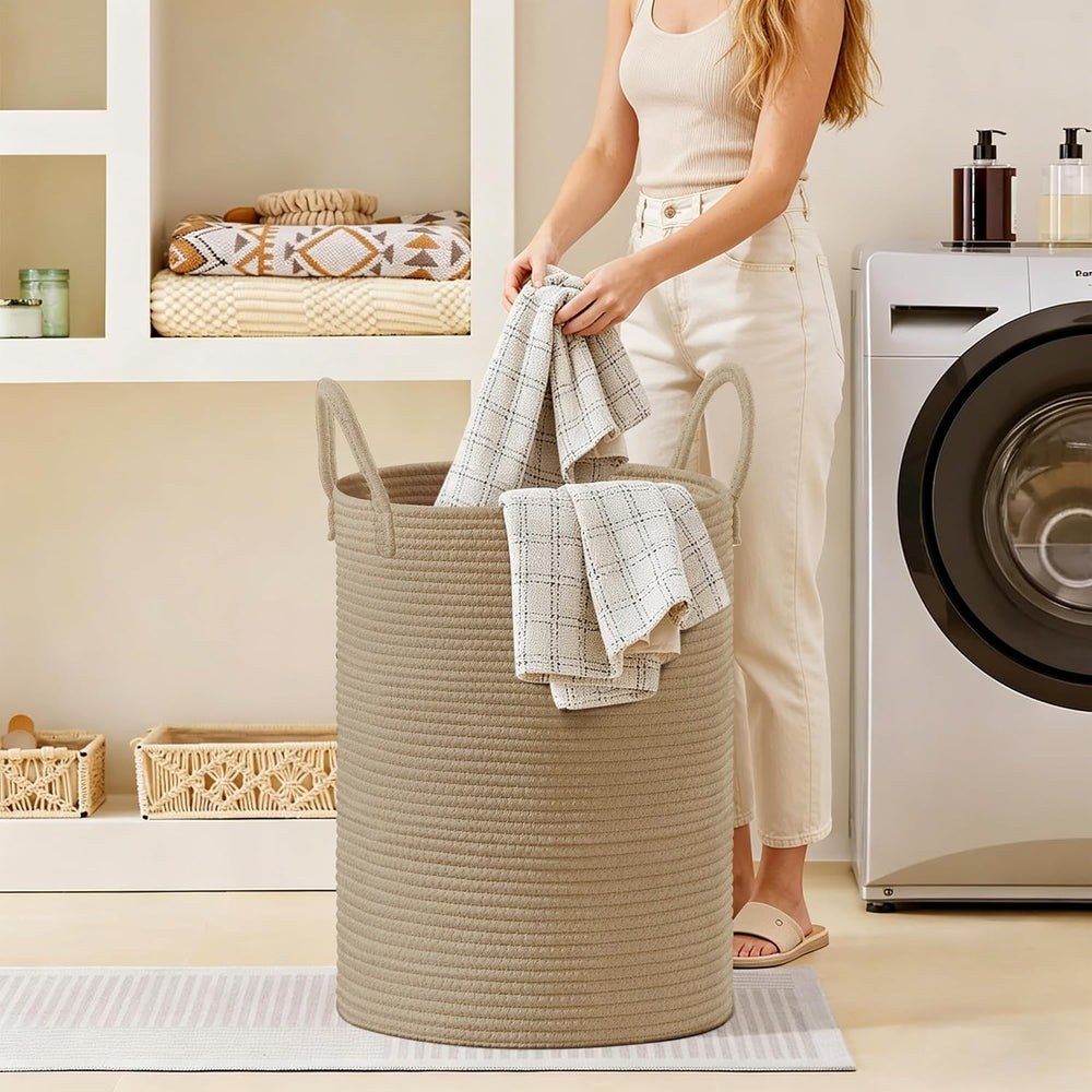 100L Extra Large Tall Cotton Rope Laundry Basket with Handles, Jute