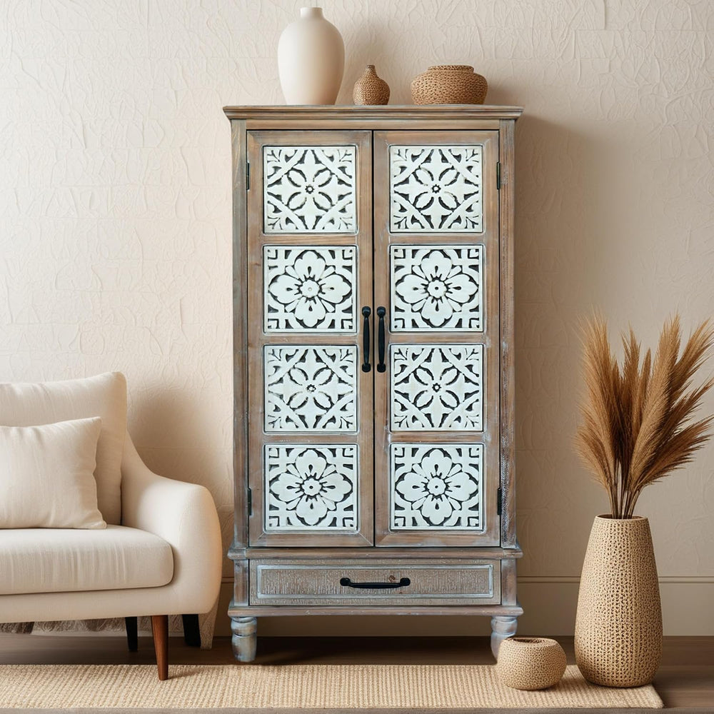 French Country Side Cabinet - Vintage 2 Door Wood Cabinet with Storage, Accen...