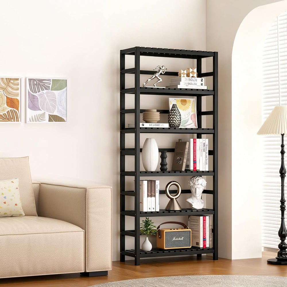 VASMIA 6-Tier Bamboo Shelf,Bamboo Storage Shelving Unit,Tall Bookcase with Ad...