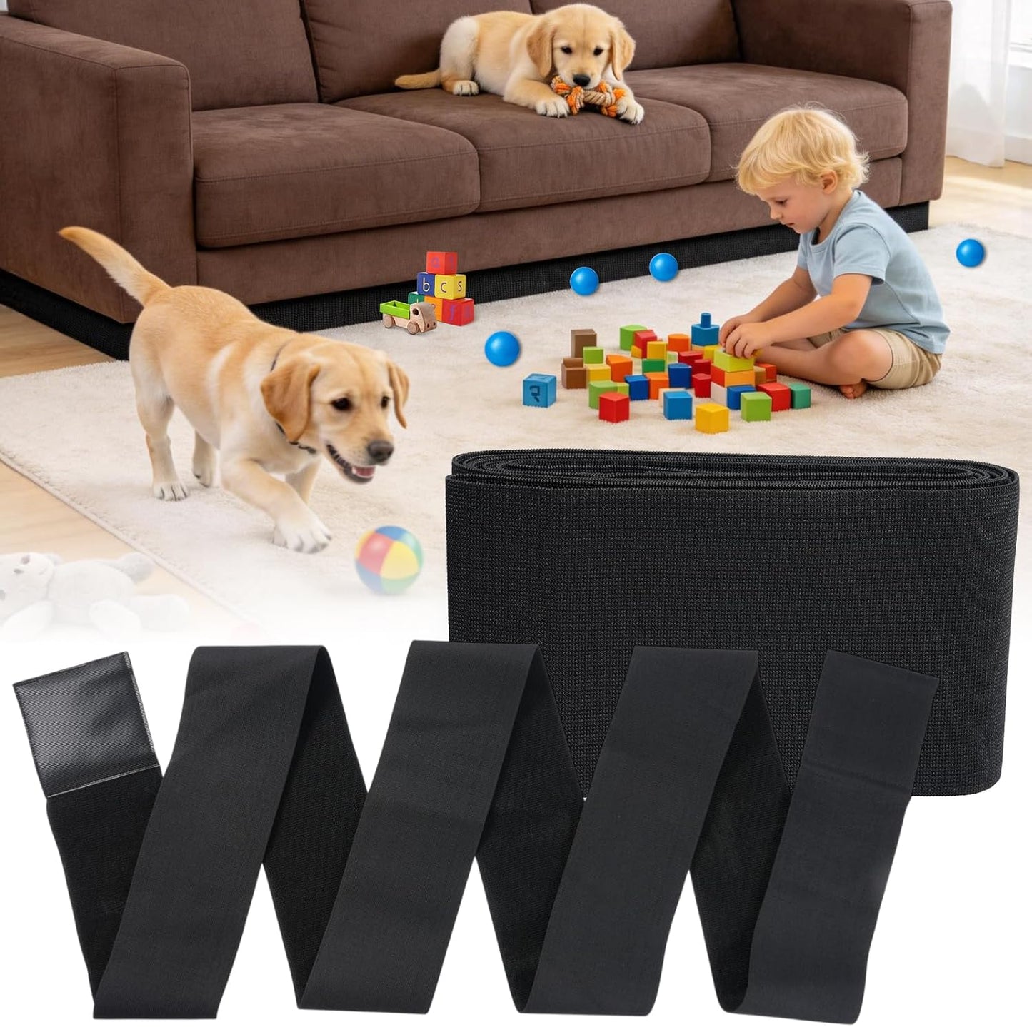 Under Couch Blocker Adjustable Elastic Couch Bed Blockers Suitable for Right-Angle Furniture Legs, for Pets and Kids Toys to Prevent Things from Going Under Sofa (5''×132'')