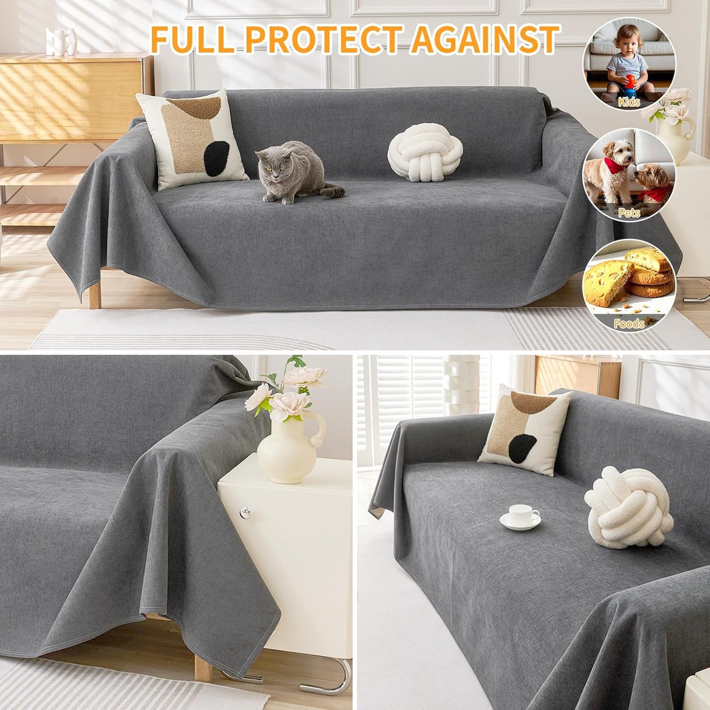 Deep Dream Cat-Scratch Resistant Couch Cover, Waterproof Sofa Cover for 3 Cushion Couch Washable, Pet Friendly Couch Protectors Anti Slip Thickened Love Seat Slipcovers for Pets, 71" x 118", Dark Grey