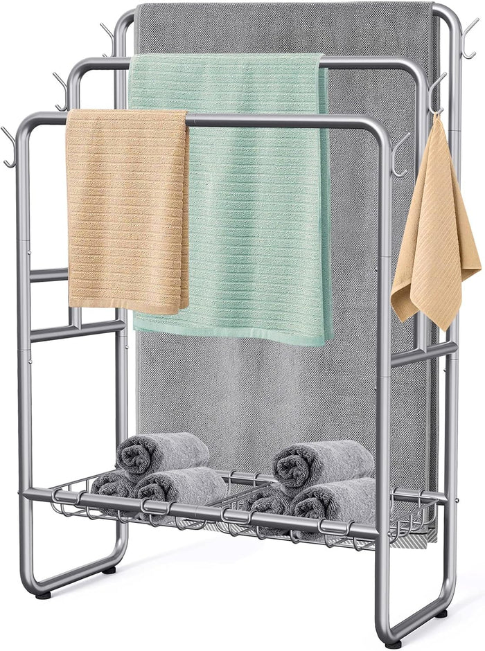 Kayfia 40'' Freestanding 3 Tier Metal Towel Rack, 2 Baskets & 6 Hooks