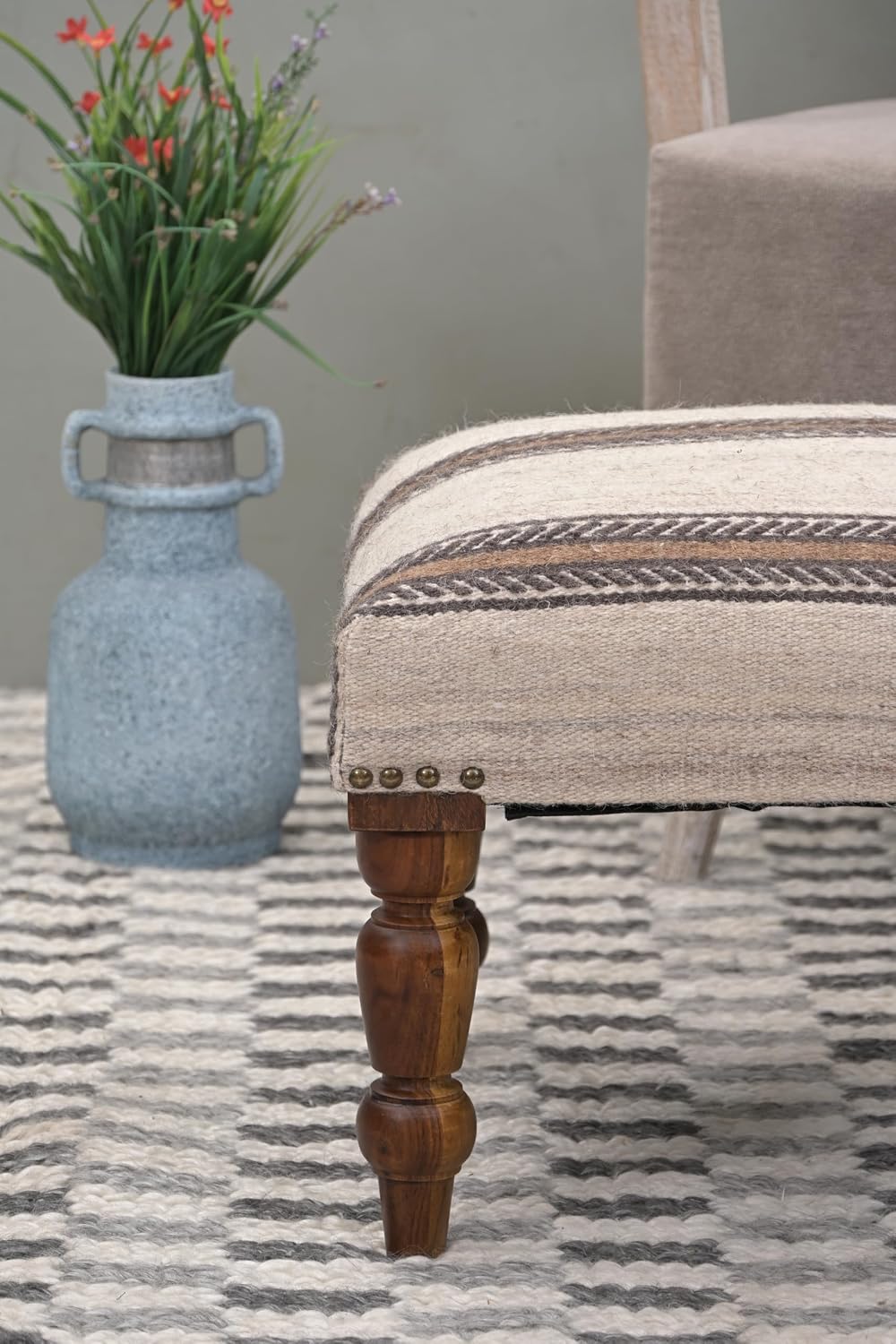 Handmade Jute Ottoman Stool with Wooden Legs | Square Upholstered Foot Rest &...