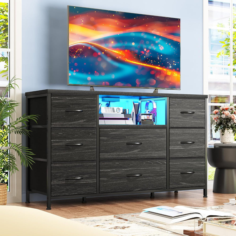 EnHomee Black Dresser for Bedroom with LED Lights & Charging Station