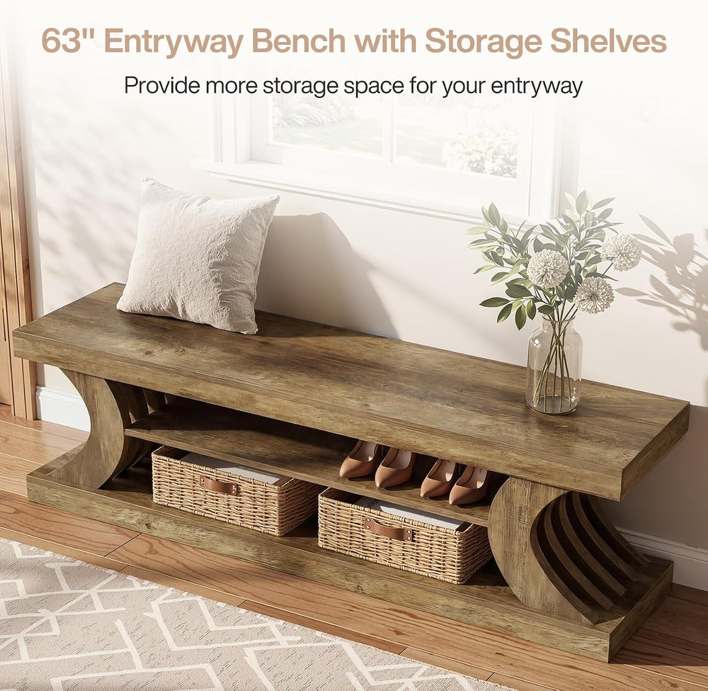 Tribesigns 63" Entryway Shoe Bench, 3-Tier End of Bed Bench with Open St...
