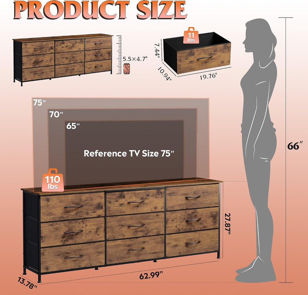 WLIVE Dresser TV Stand for 75 Inch TV, 9 Drawer Dresser, Rustic Brown