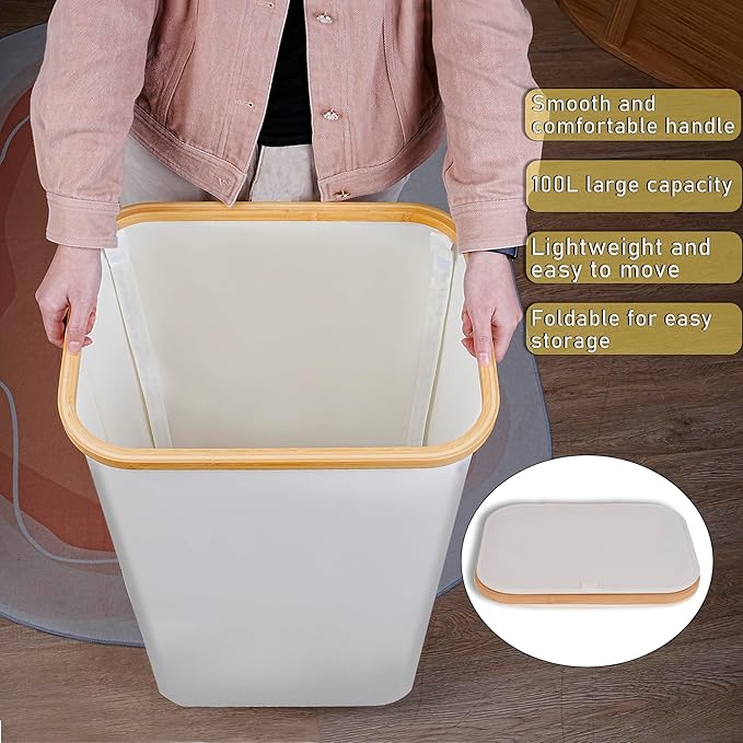 100L Laundry Hamper with Lid, Lagre Basket with Bamboo Handles, Foldable - Image 6