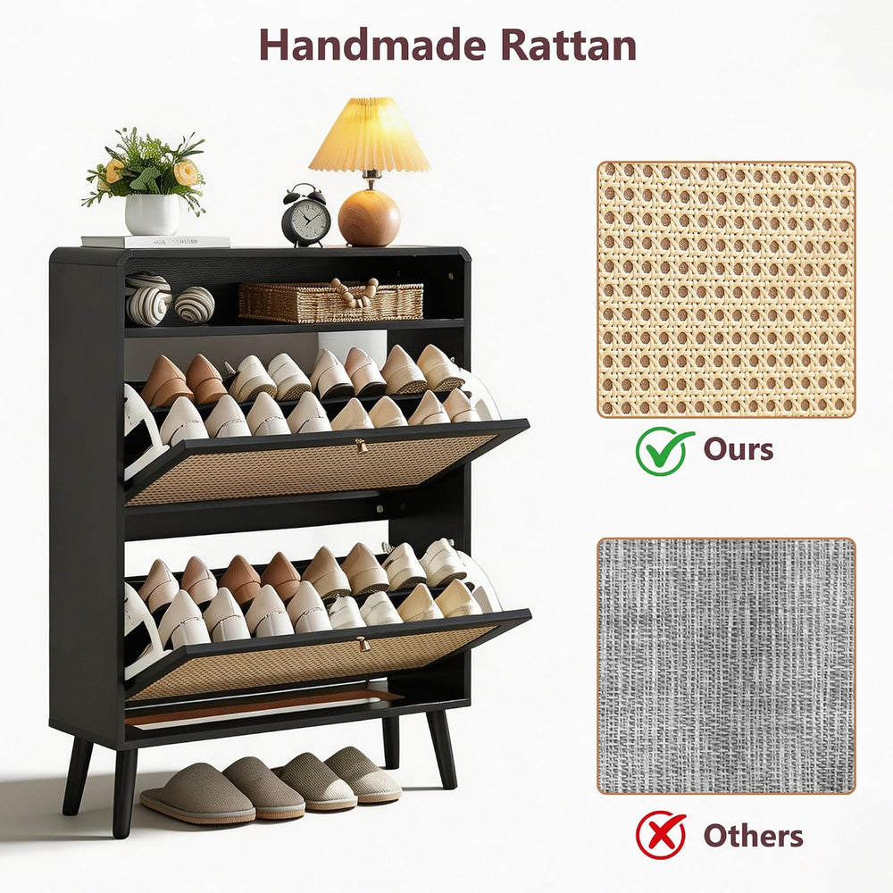 Rattan Shoe Cabinet with 2 Flip Drawers, 16 Pairs Narrow Shoe Storage Cabinet...