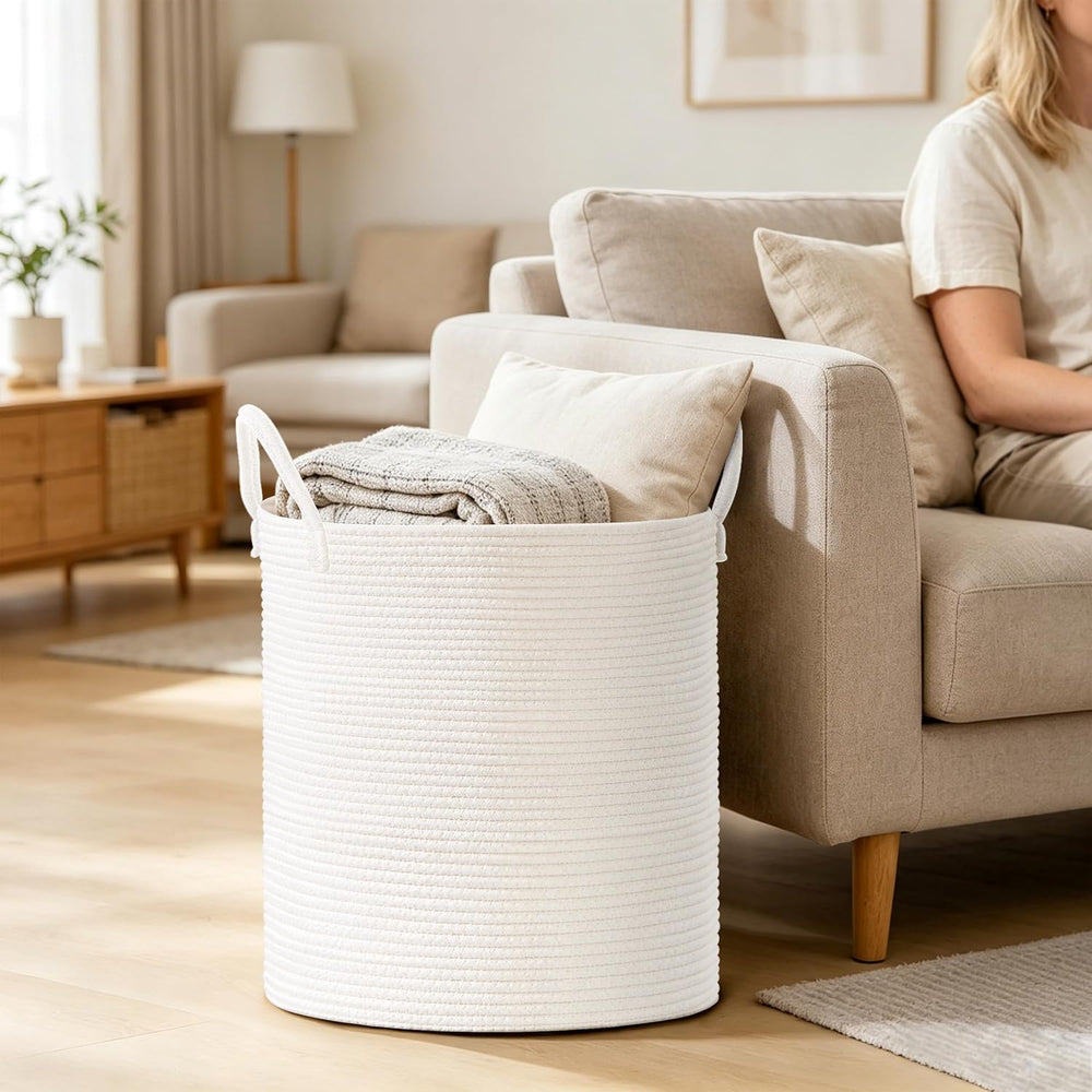 88L Large Tall Cotton Rope Laundry Basket with Handles, White