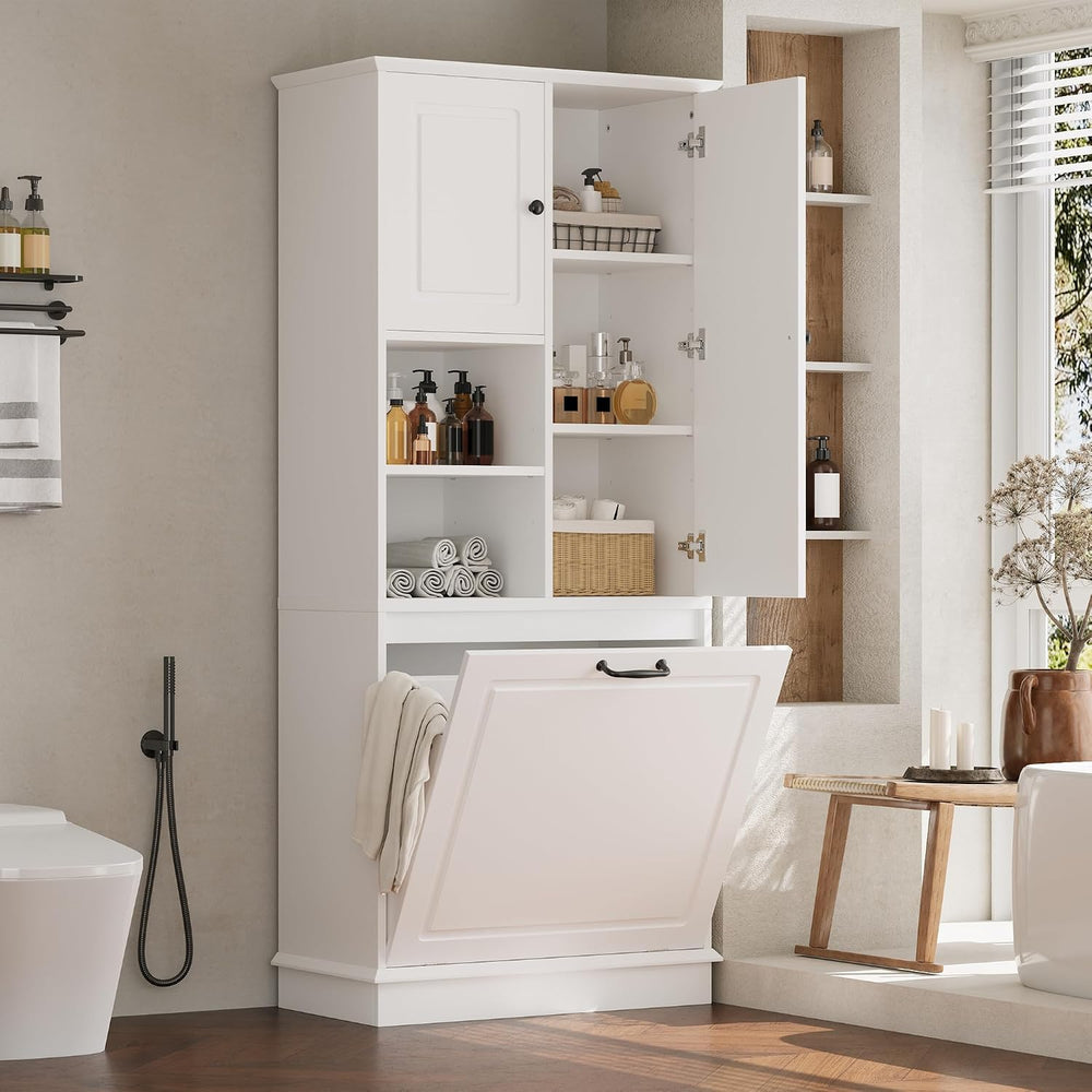 68" Tall Bathroom Storage Cabinet with Two Doors and Tilt-Out Laundry Ha...