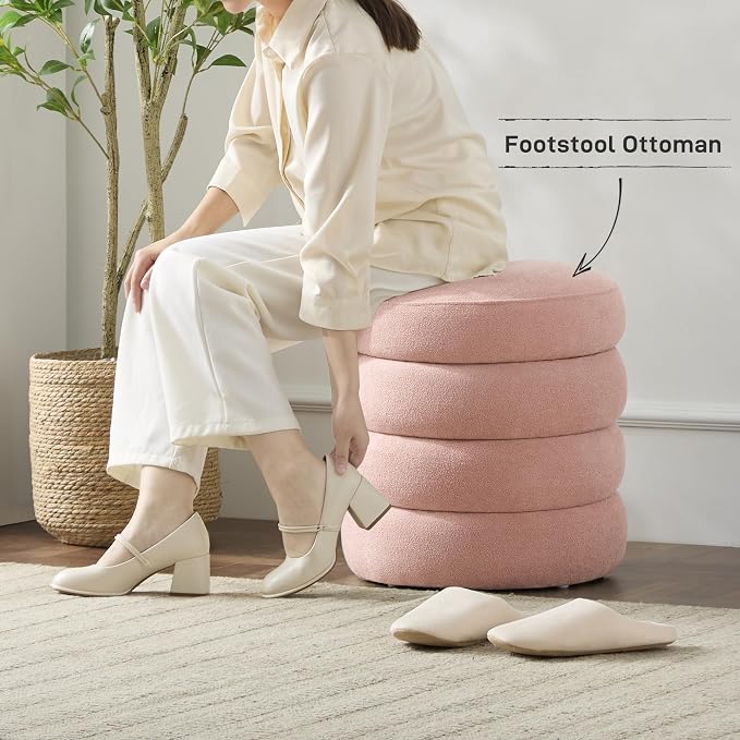 Round Ottoman with Storage Boucle Ottoman Stool Removable Lid - Image 4