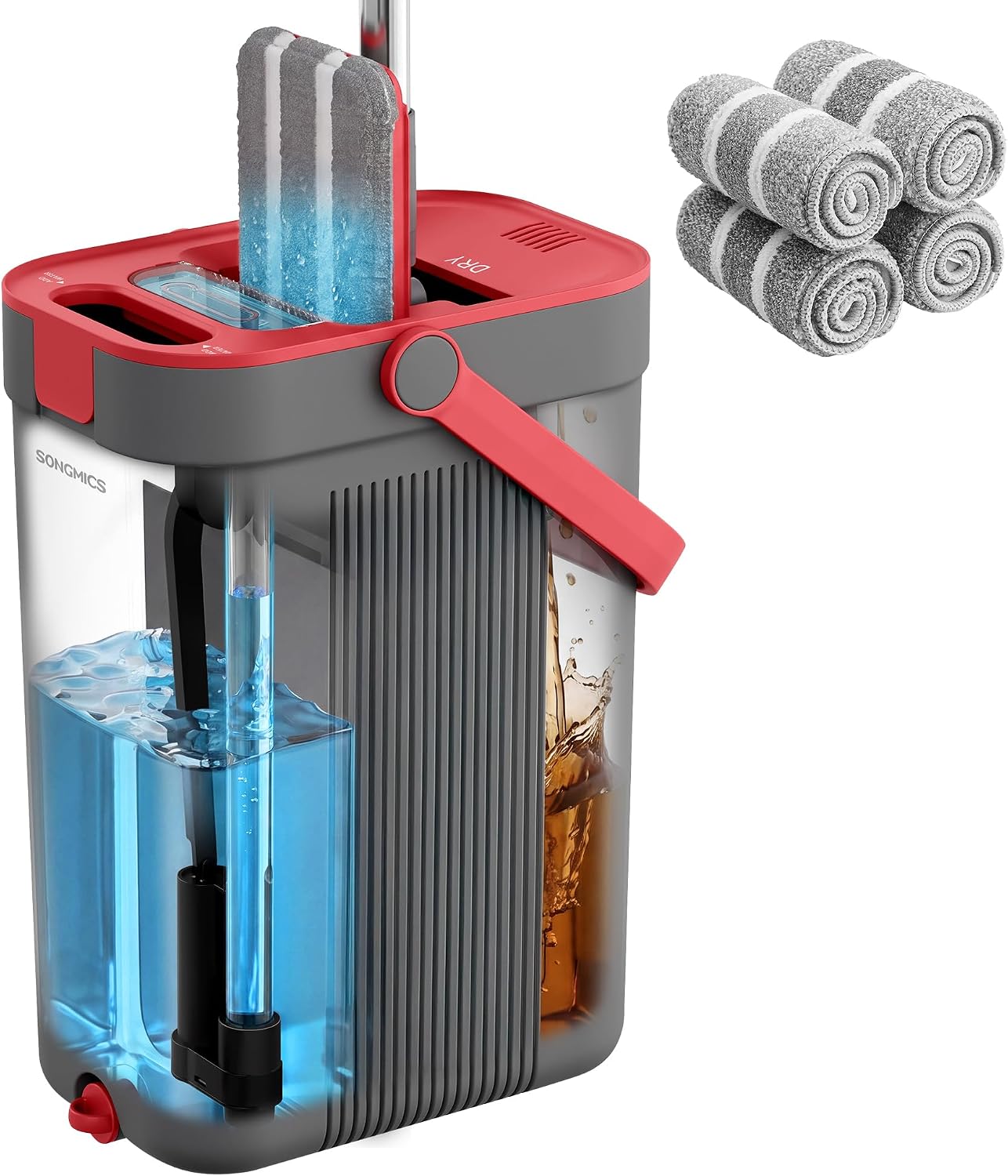 SONGMICS Mop and Bucket Set, Flat Mop with 3-Chamber Clean & Dirty Water Separation System, Wringer Bucket, 360° Rotating Head, 4 Microfiber Pads, Gray and Red ULMB001GT04