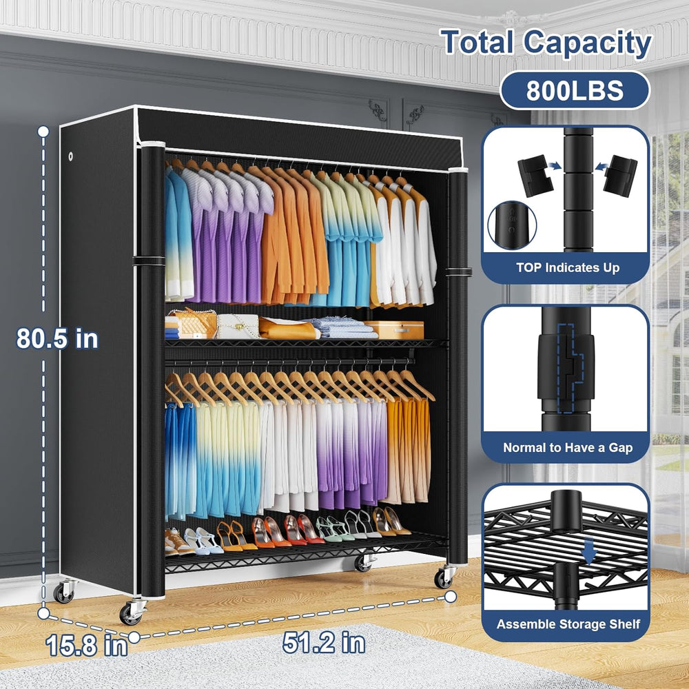 ULIFHOME P8C Max Heavy Duty Clothes Rack（With Extended Width Design） Rolling ...