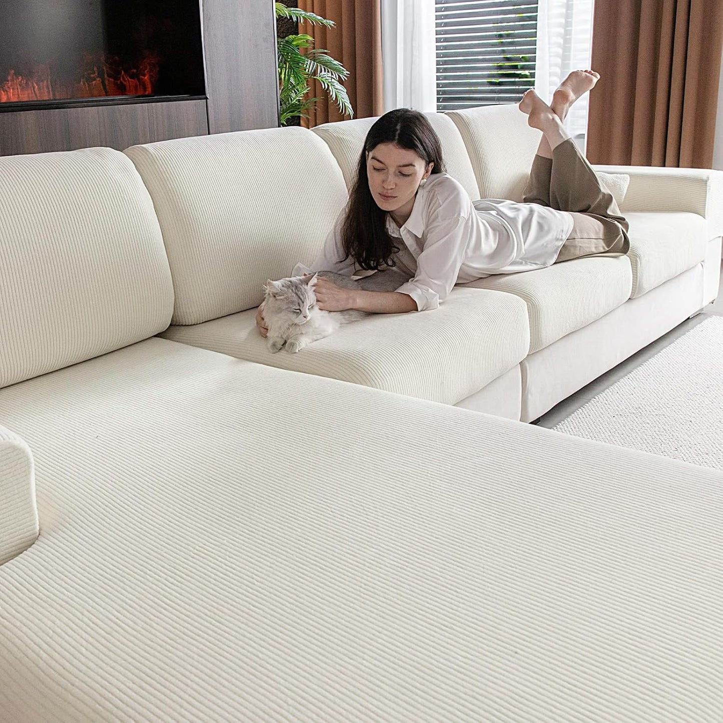 OHSIO Sectional Couch Covers, Wear Resistant Stretch Sofa Covers Washable Soft Couch Cushion Covers Anti Slip Furniture Protector Sofa Slipcovers for Pets (1 Piece Back Couch Cover, Ivory)