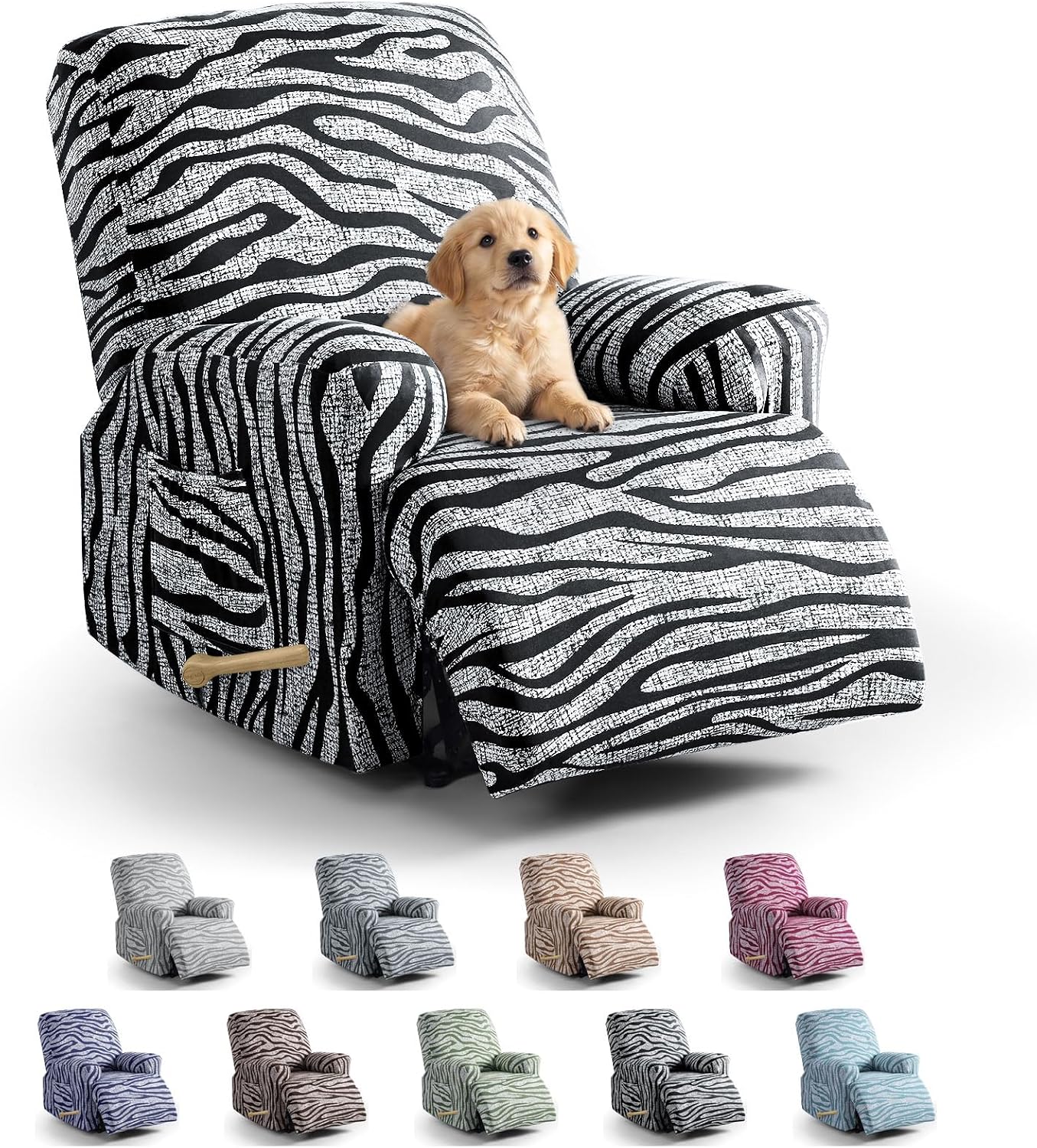 VANSOFY 4-Piece Stretch Recliner Chair Covers, Non-Slip Zebra Stripe Recliner Slipcovers with Elastic Bottom, Washable Furniture Protector for Pet Kids Friendly (1 Seater, Black)