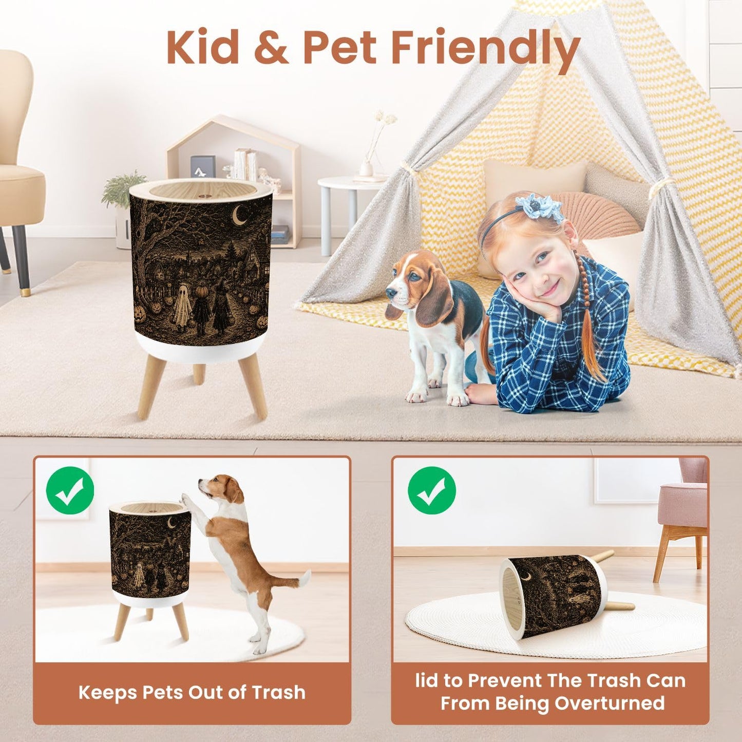 Small Trash Can with Lid Vintage Halloween Kids 1.8 Gallon | Dog Proof Trash Can Round Garbage Can Waste Bin Wastebasket for Bathroom Bedroom Living Room