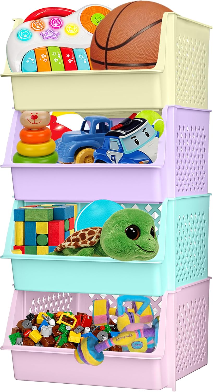 Large Stackable Storage Bins Open Front for Pantry Storage, 4 Pack - Multi