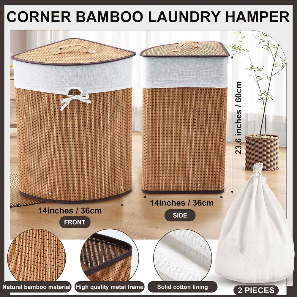 Gueevin Corner Bamboo Laundry Hamper with Lid and Removable Liner Corner Bamb...