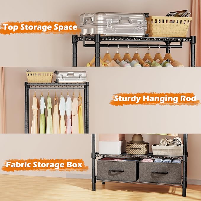 Heavy Duty Rolling Garment Rack 3 Tiers Adjustable Wire Shelving - Image 3