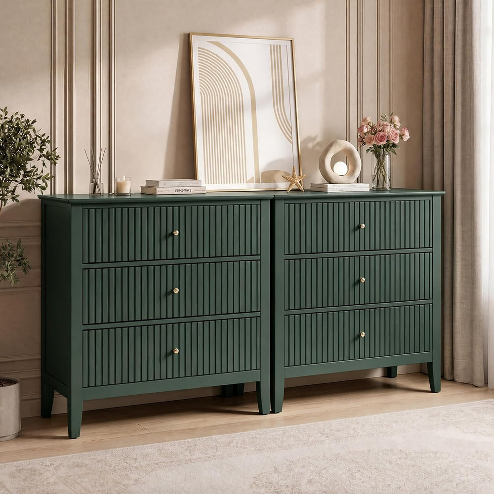 RoyalCraft Large 3 Drawer Dresser Set of 2, Fluted Chest of Drawers with Stor...