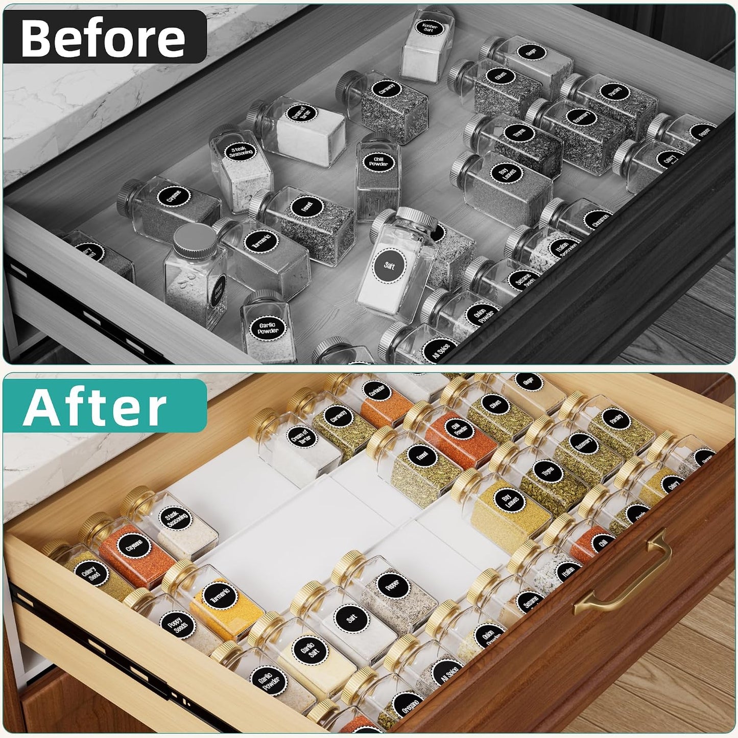 MIUKAA White Spice Drawer Organizer, 4 Tier - 8 Pack Seasoning Organizer for Drawer, Expandable From 13" to 26" Kitchen Drawer Spice Rack (Jars not Included)