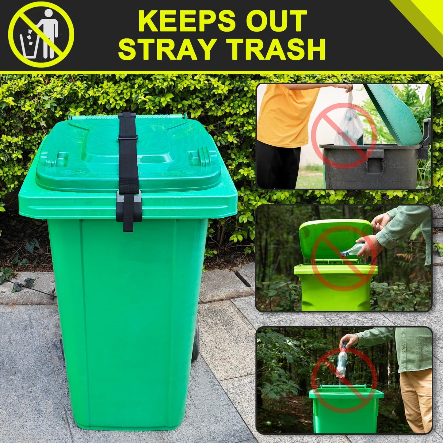 GripHandle Metal Double-Claw Trash Can Lid Lock Strap for Animals,Bungee Cord with Hooks for Trash Bin Garbage Pail,Outdoor Outside Trash Lid Holder to Keep Raccoons Out,Fits 20-96 Gallon Cans - 1pc